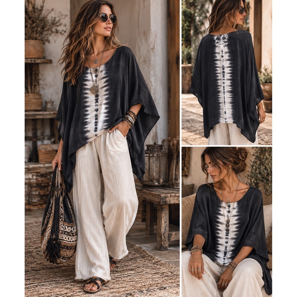 Fifteen Twenty 100% Silk Tie Dye Poncho Top M Boho Artsy Handkerchief Blouse USA